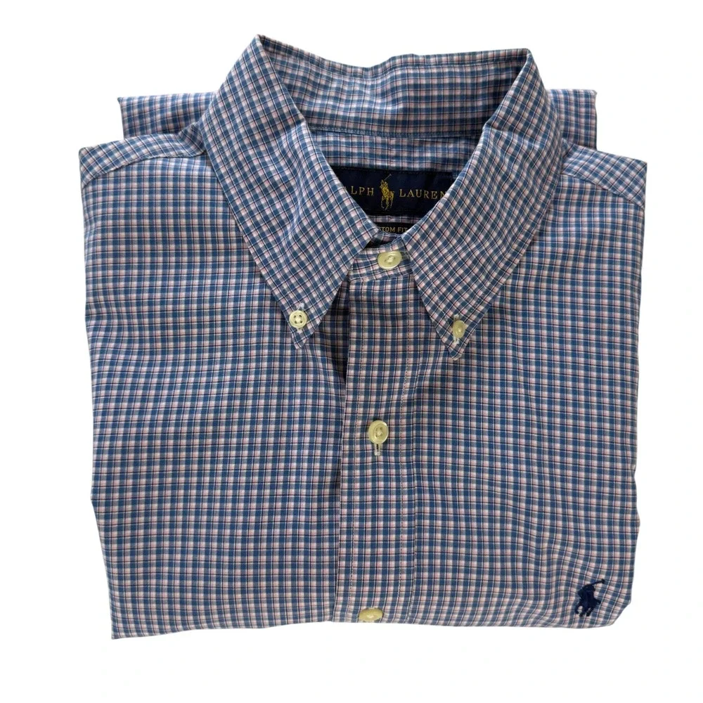Ralph‎ Lauren Mens Custom Fit Gingham Button Down Shirt Blue Pink Size M